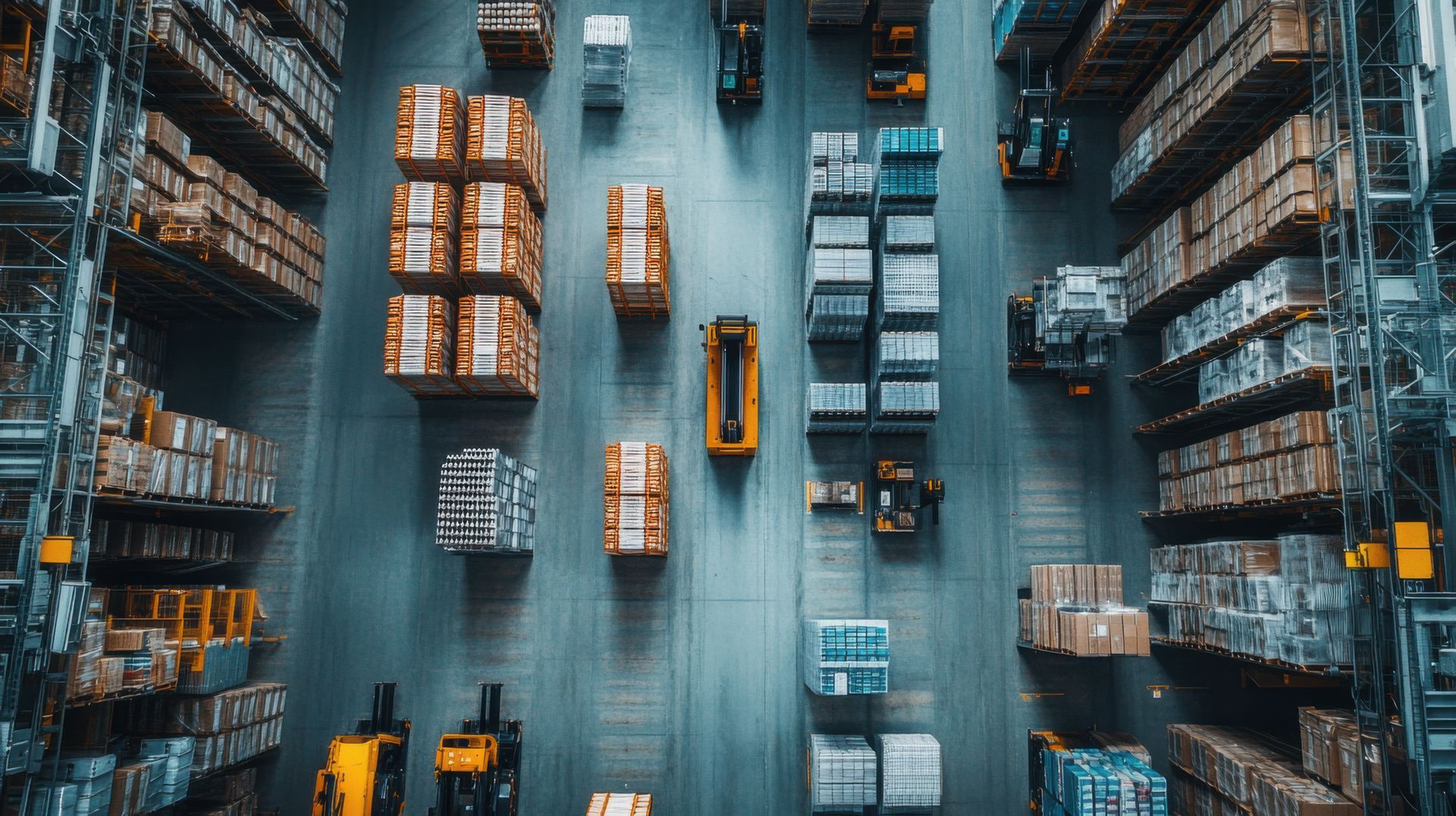 Intérieur de l'entrepôt, vue aérienne. Palettes de cartons et de caisses sur des étagères, chariots élévateurs transportant des marchandises.