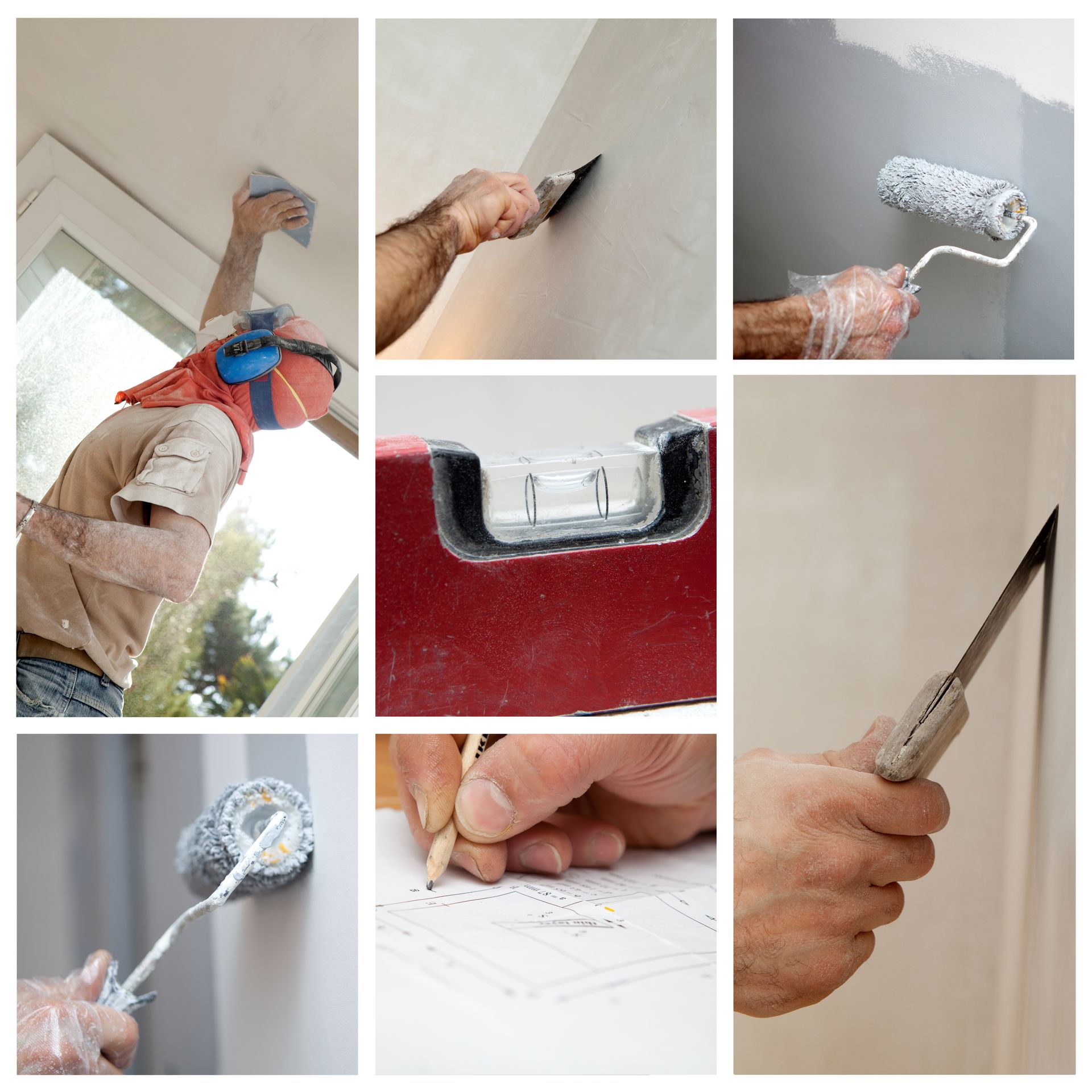 Collage d'images de construction : ouvrier ponçant, utilisant un niveau, peignant des murs et esquissant des plans.