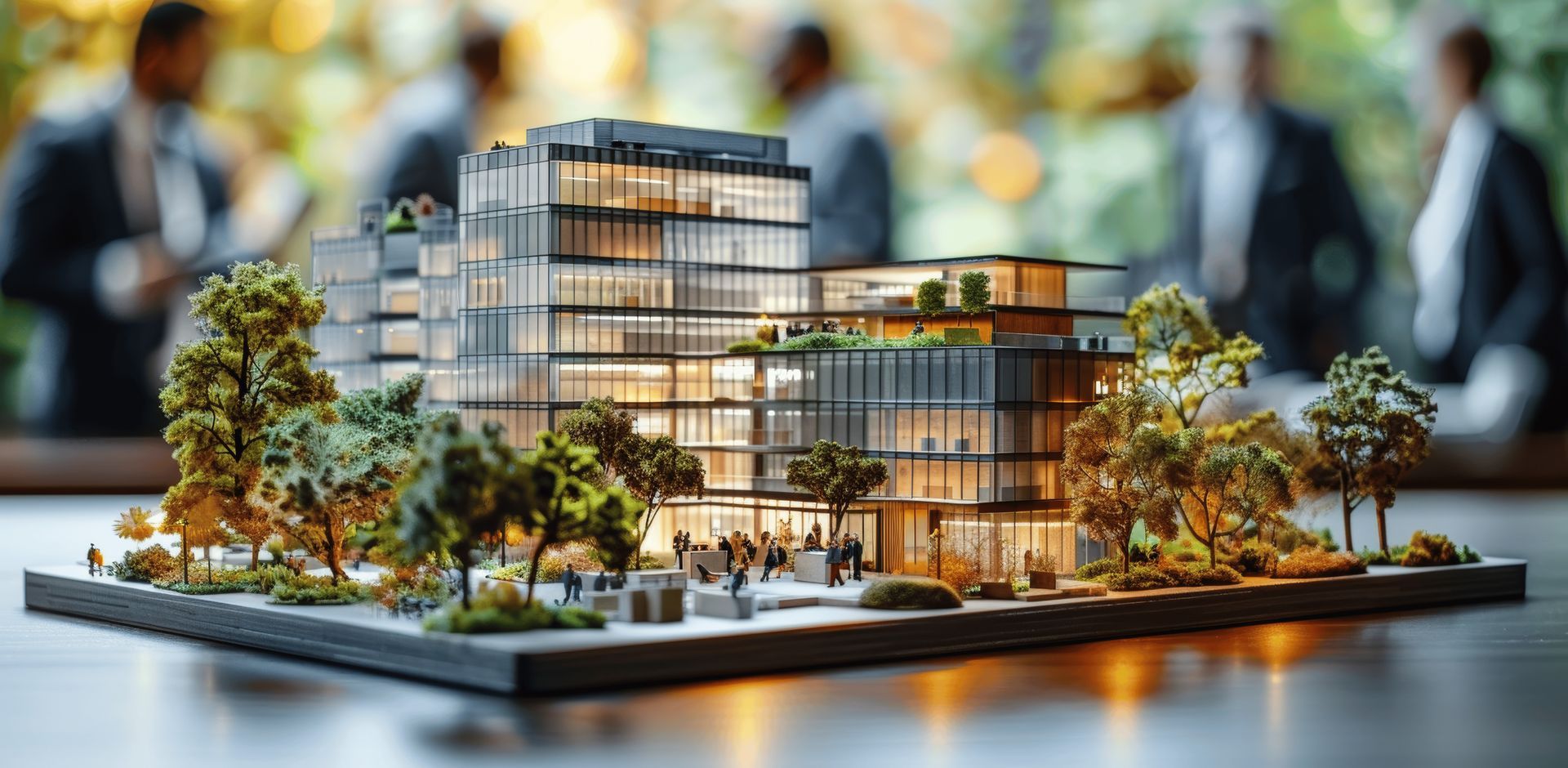 Maquette architecturale d'un immeuble de bureaux moderne avec des arbres environnants, affichée sur une table, avec des personnages flous en costume en arrière-plan.