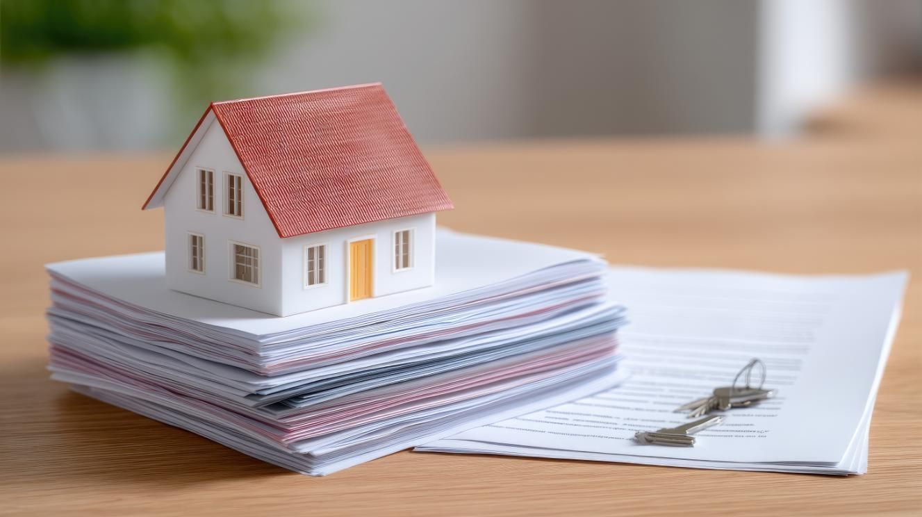 Casa en miniatura sobre una pila de papeles y llaves sobre una mesa, que representa bienes raíces.