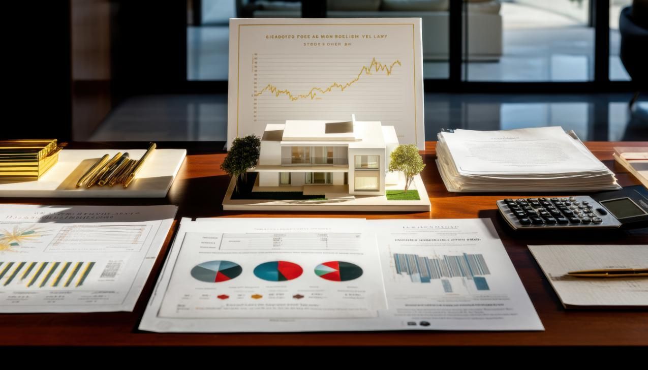 Escritorio de inversión inmobiliaria con modelo de casa, gráficos, calculadora y papeleo.