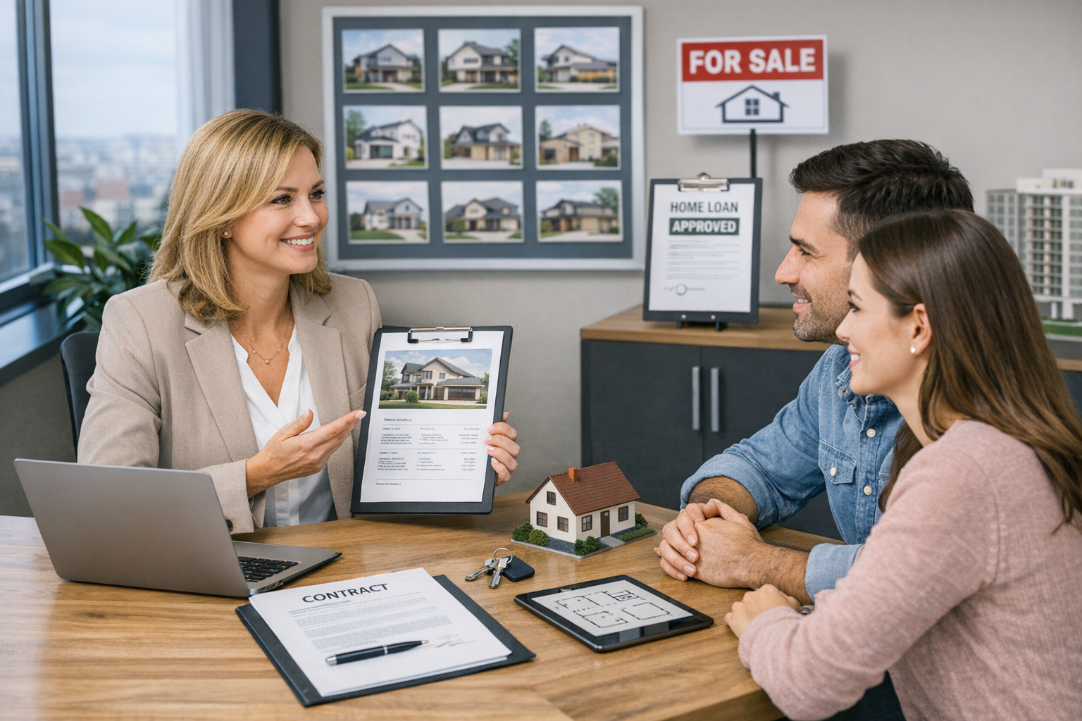Un agente inmobiliario le muestra casas a una pareja sentada en un escritorio con una computadora portátil y maquetas de casas.