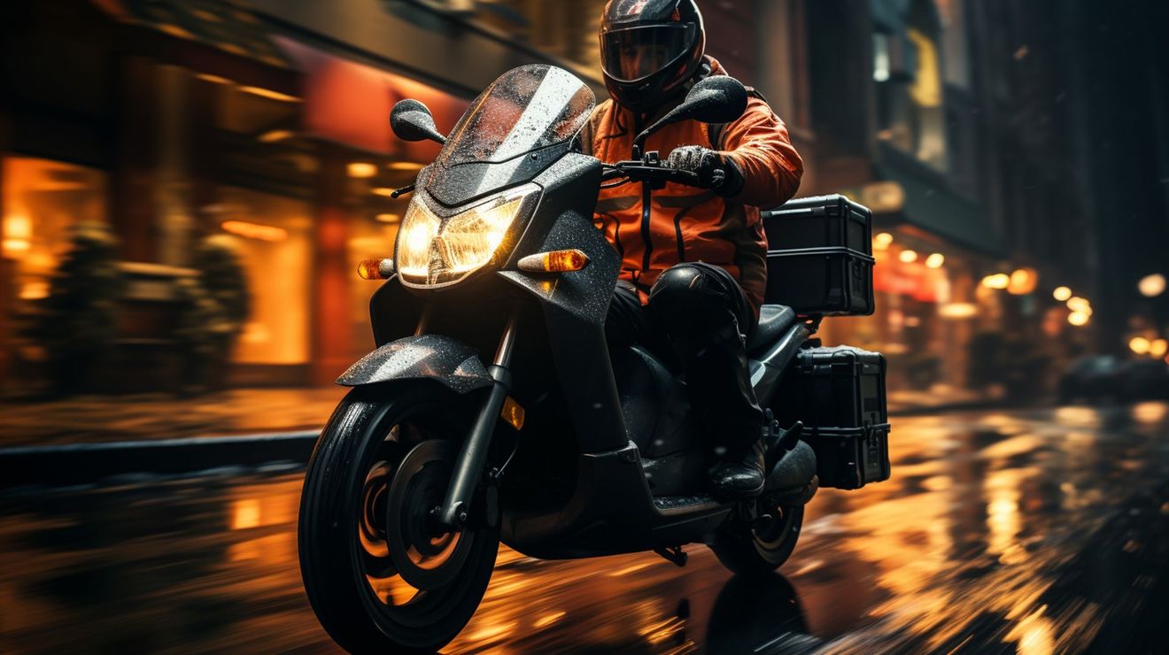 Un hombre conduce una motocicleta por una calle mojada de la ciudad por la noche.