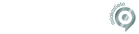 Harmaa pyöreä logo, jossa pieni piste ja pystysuora harmaa teksti valkoisella taustalla