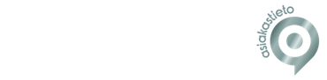 Harmaa pyöreä logo, jossa pieni piste ja pystysuora harmaa teksti valkoisella taustalla