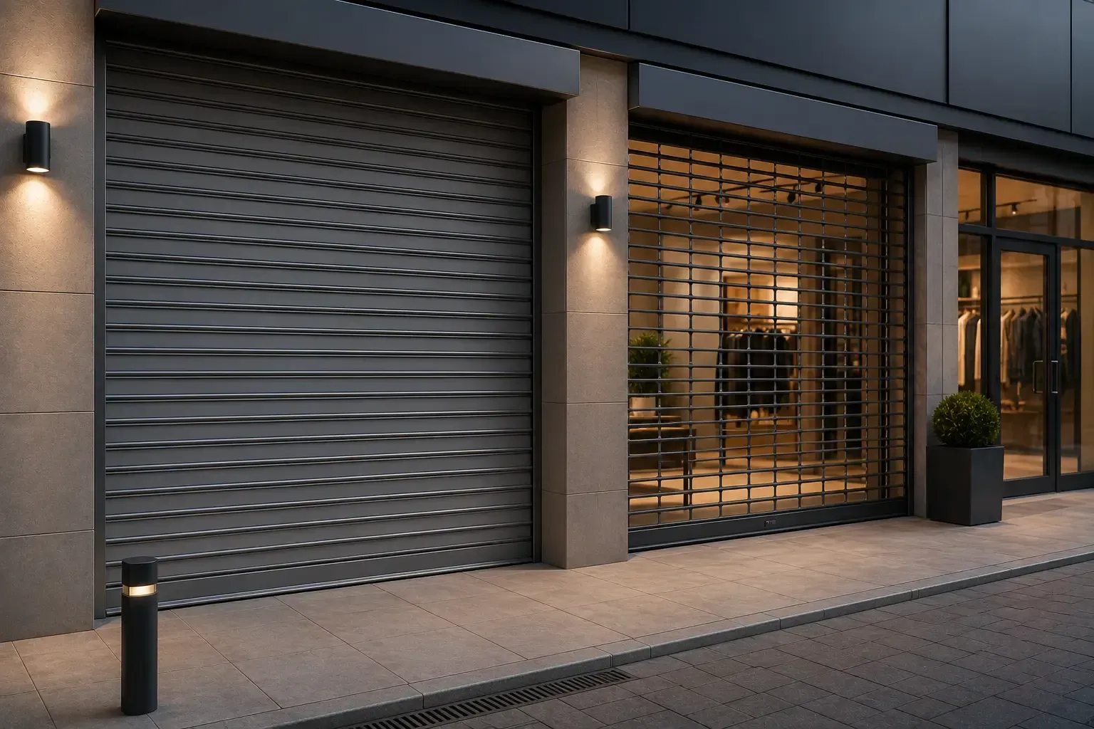 Fachada moderna con contraventanas metálicas grises cerradas, entrada iluminada y acera al anochecer.
