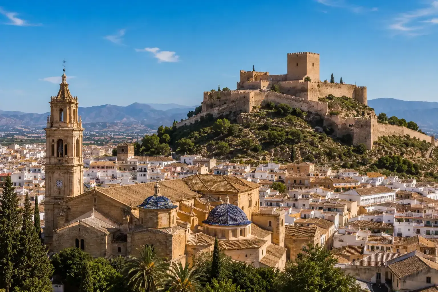 Castillo histórico en la cima de una colina sobre un pueblo mediterráneo con una torre de iglesia bajo un cielo azul.