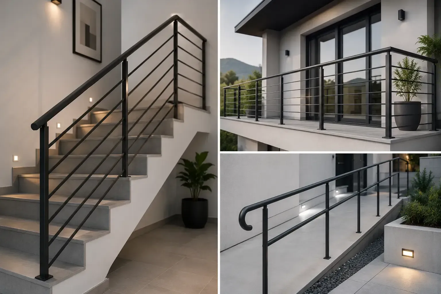 Escaleras modernas y barandillas de metal negro en un interior y patio luminosos y minimalistas.