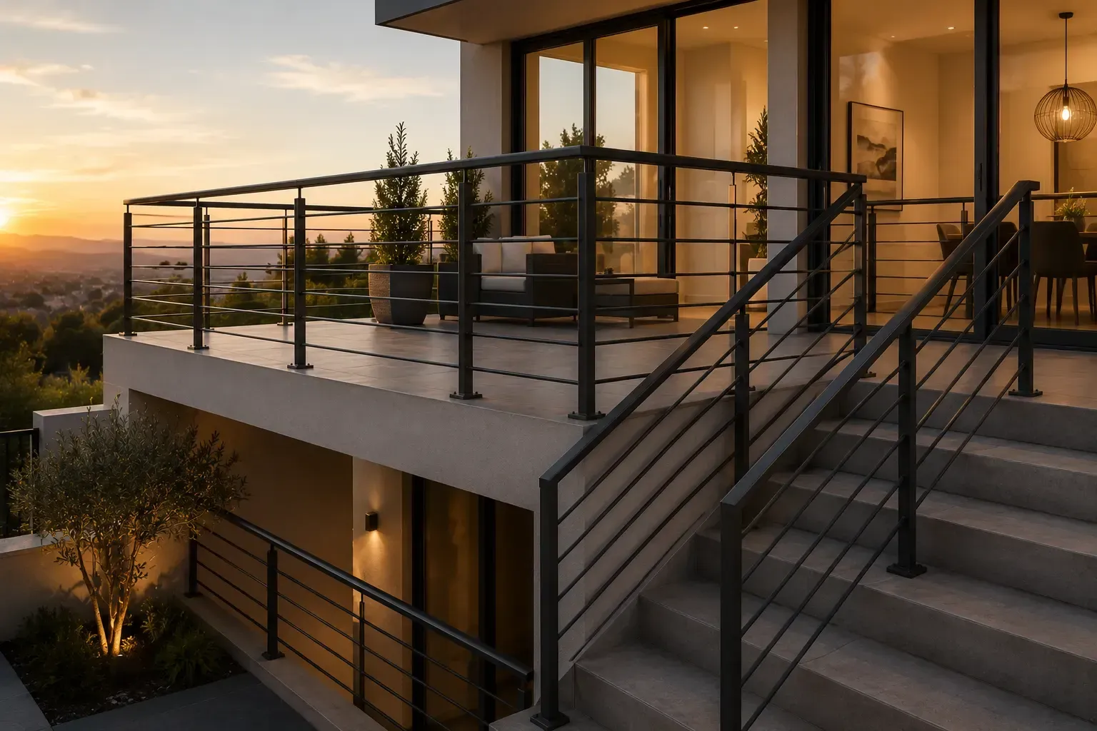Balcón y escalera de una casa moderna con barandillas negras al atardecer.