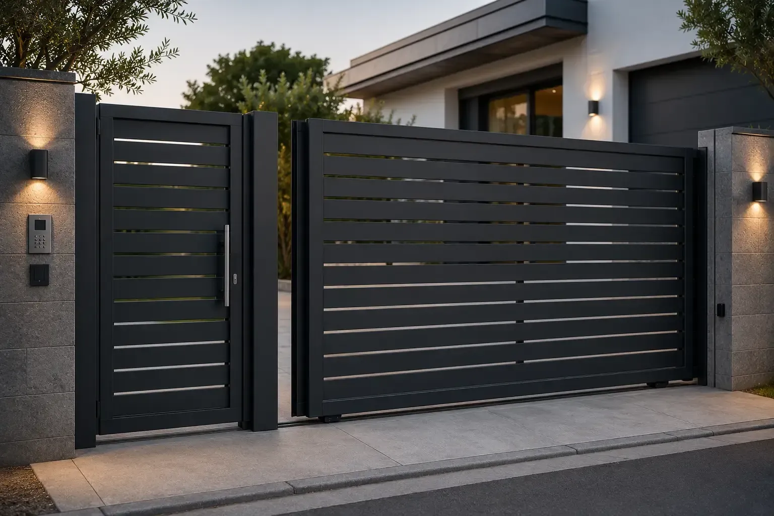 Moderna puerta de entrada de metal negro con puerta peatonal frente a una casa contemporánea al anochecer.