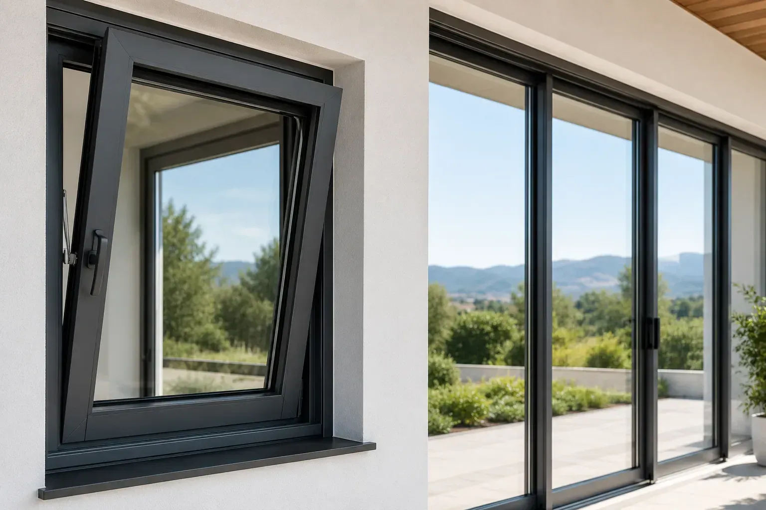Ventanas modernas con marcos negros y una puerta de cristal que da a un patio soleado con vistas a las montañas.