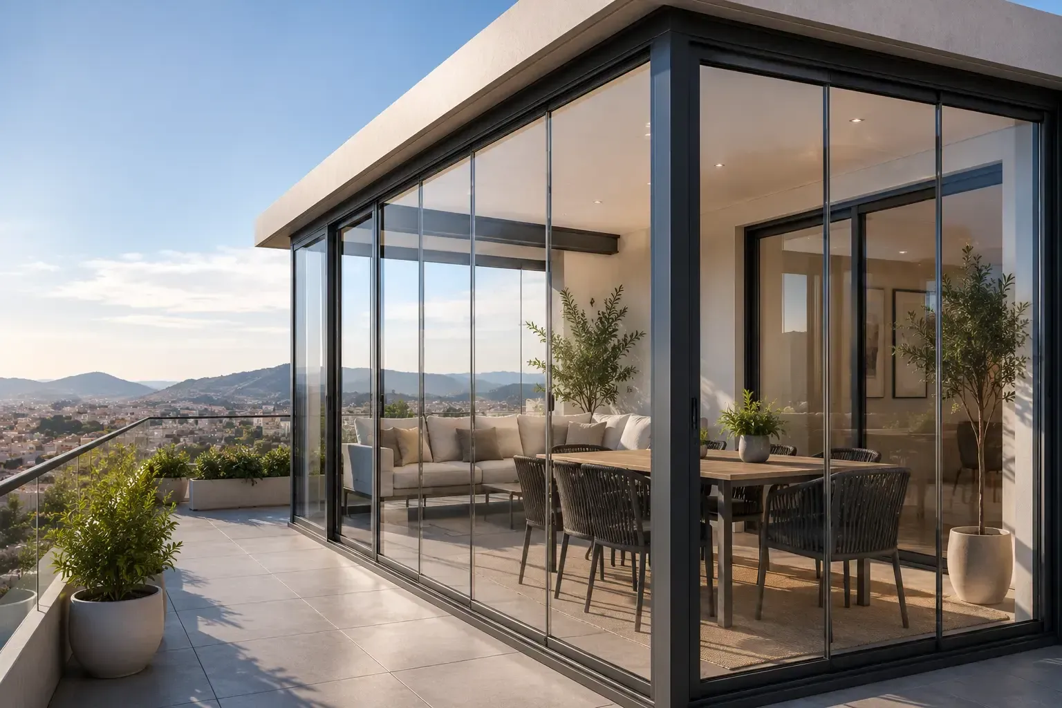 Patio moderno con paredes de cristal, ideal para comer al aire libre, con vistas a una pintoresca ladera al atardecer.