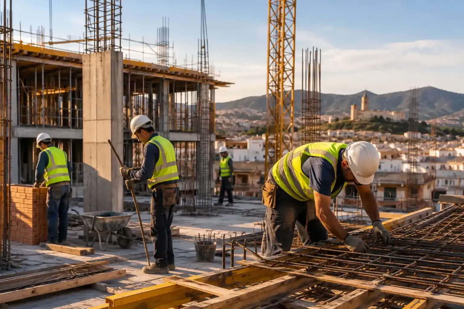 Obreros de la construcción, con chalecos reflectantes y cascos, vierten hormigón en una obra al atardecer.