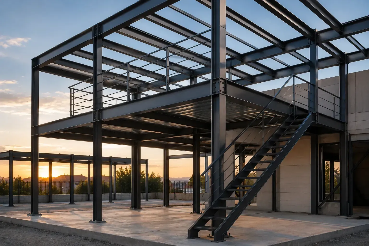 Edificio con estructura de acero en construcción, con escaleras, espacios abiertos y el cielo del atardecer al fondo.
