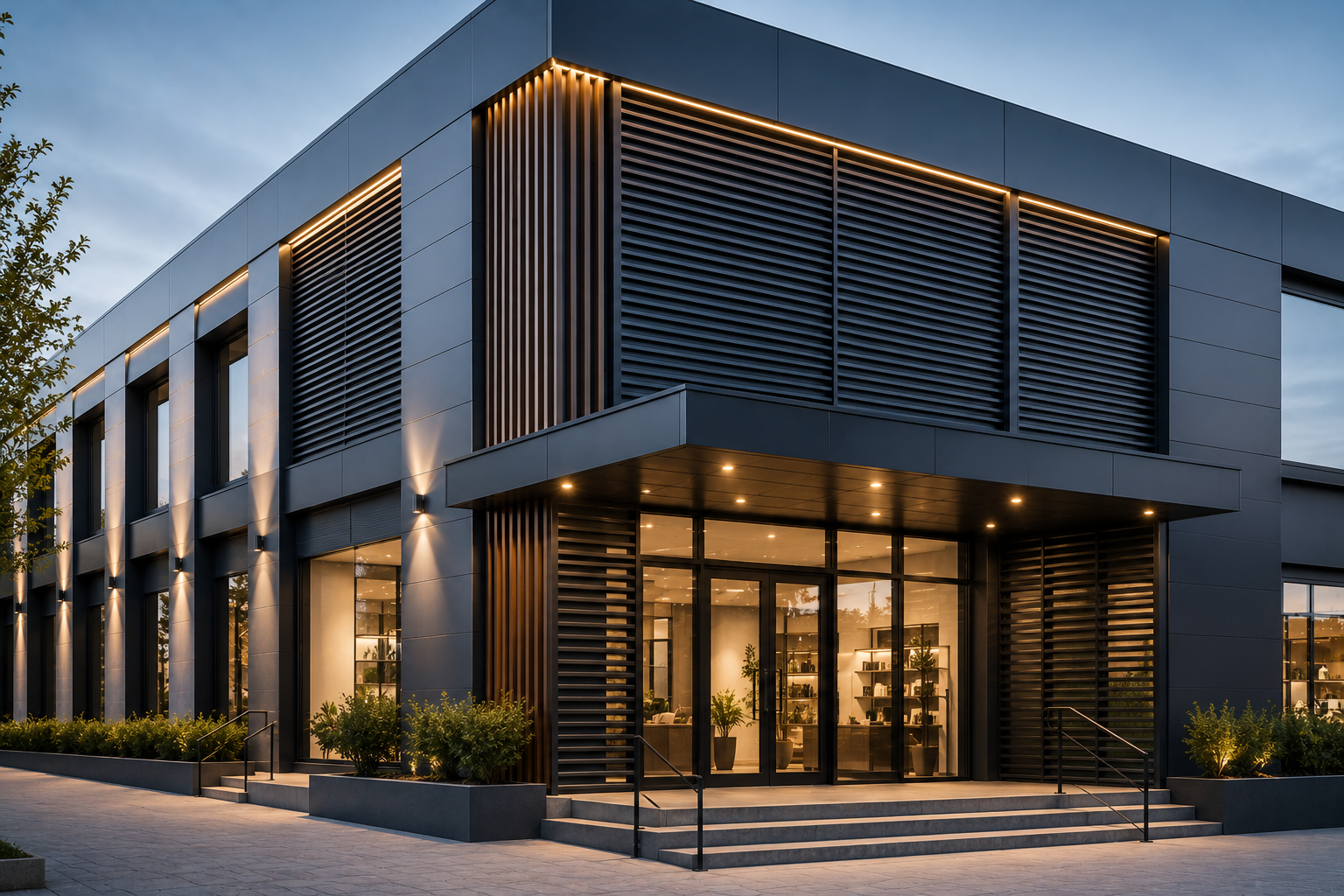 Moderno edificio de oficinas de dos plantas con entrada de cristal e iluminación exterior cálida al anochecer.