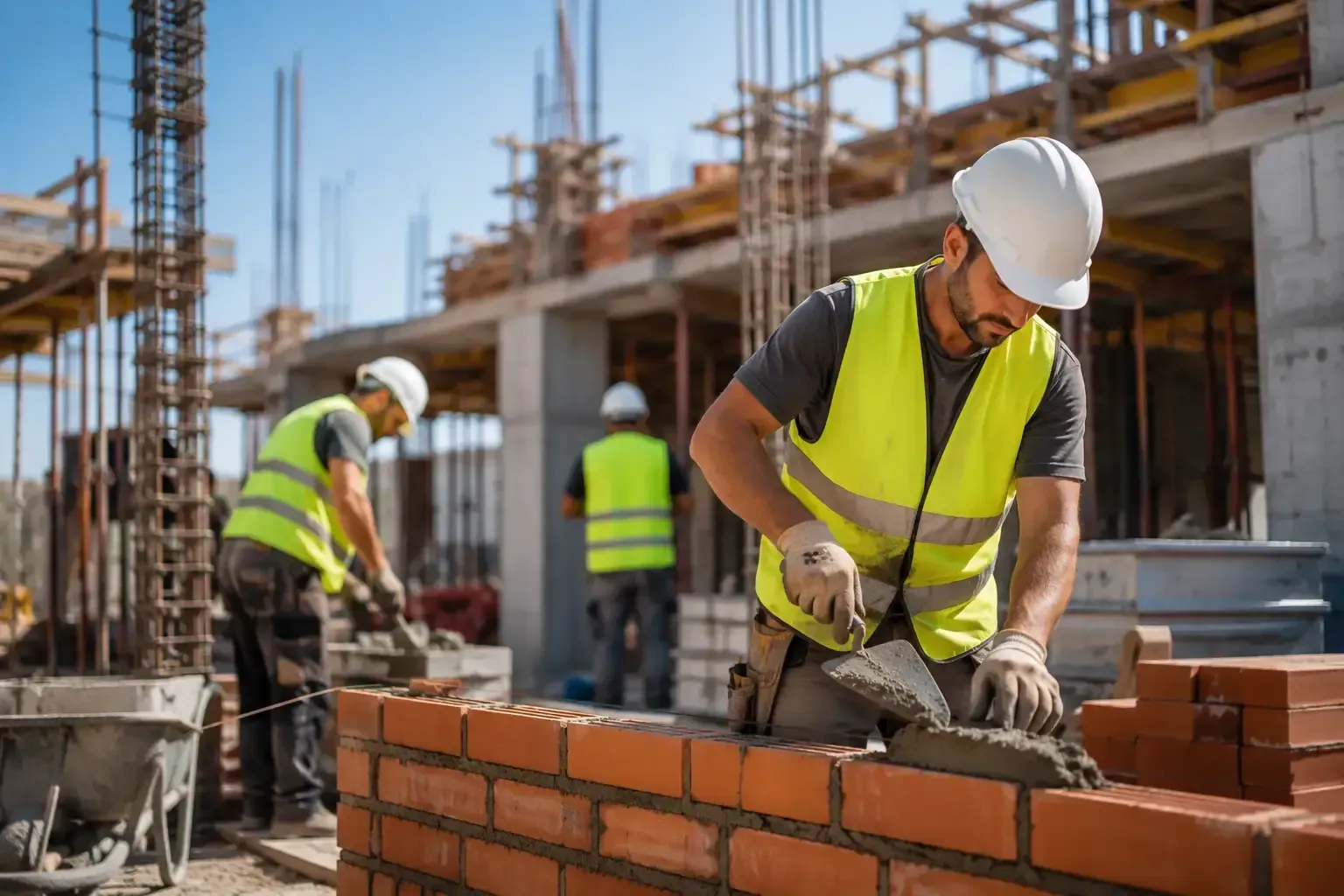 Obreros de la construcción colocando ladrillos en una obra sin terminar, con cascos y chalecos de seguridad.
