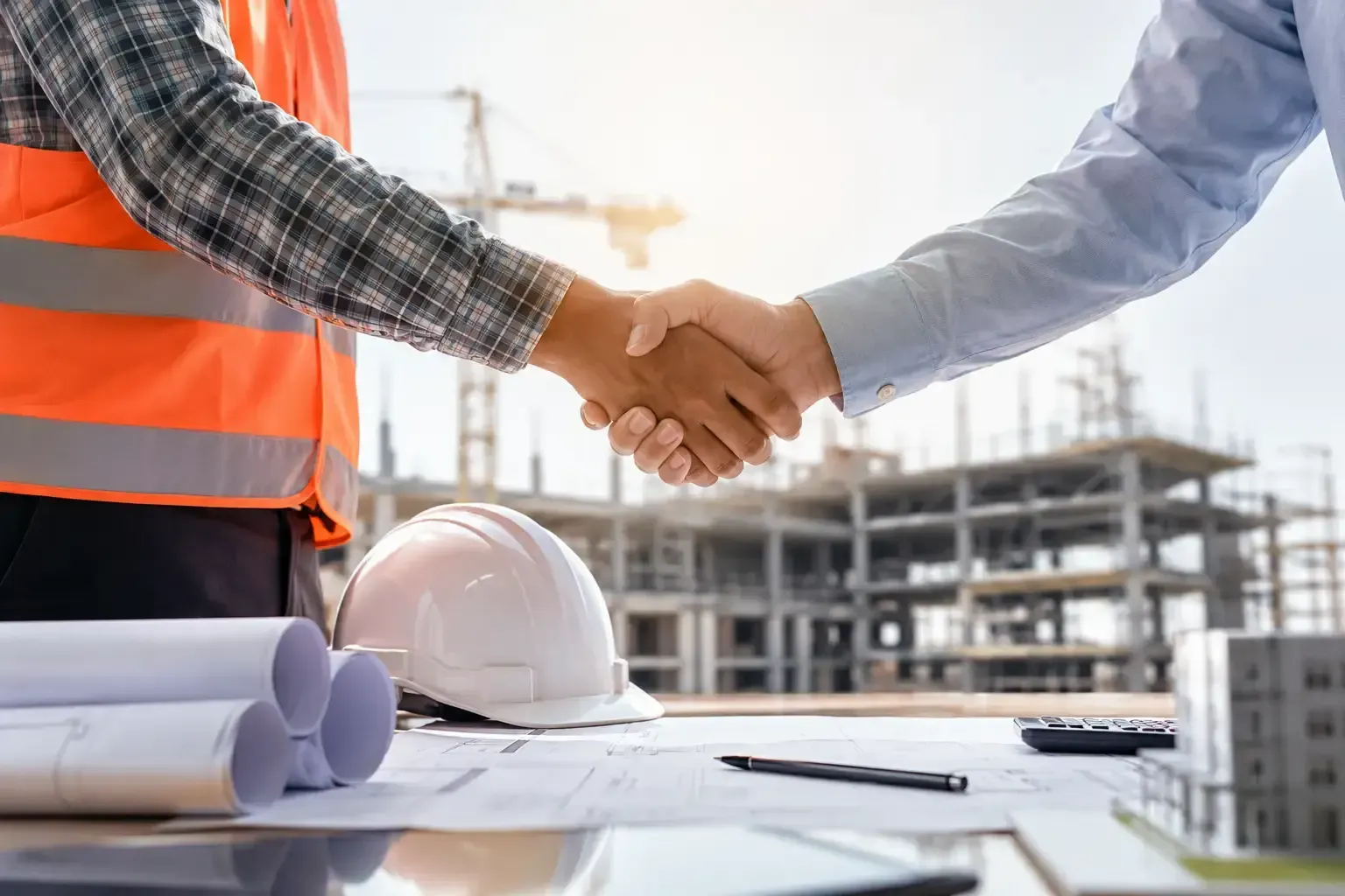 Obreros de la construcción dándose la mano en una obra con planos y un casco en primer plano.