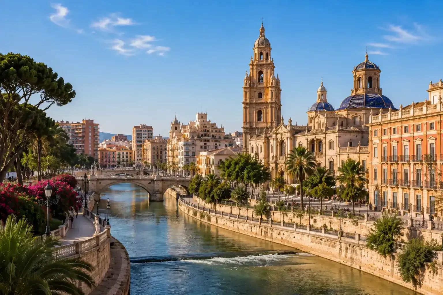 Paisaje urbano soleado a orillas del río con una catedral histórica, un puente y edificios coloridos a lo largo del agua.