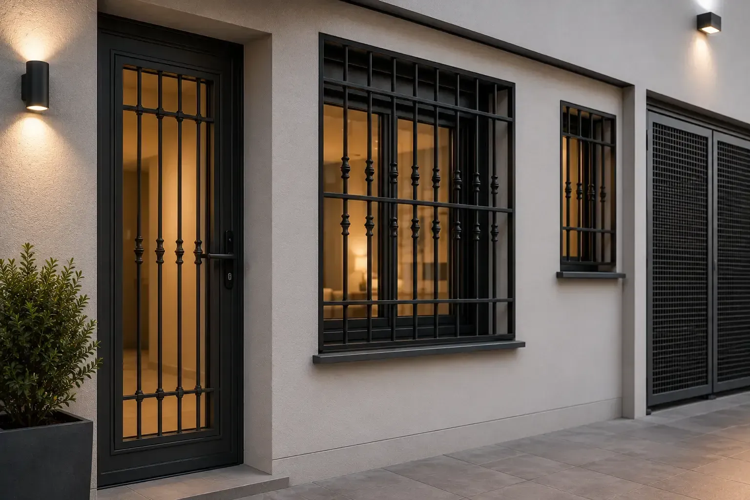 Exterior de una casa moderna con ventanas iluminadas, rejas de seguridad negras y una puerta principal al anochecer.