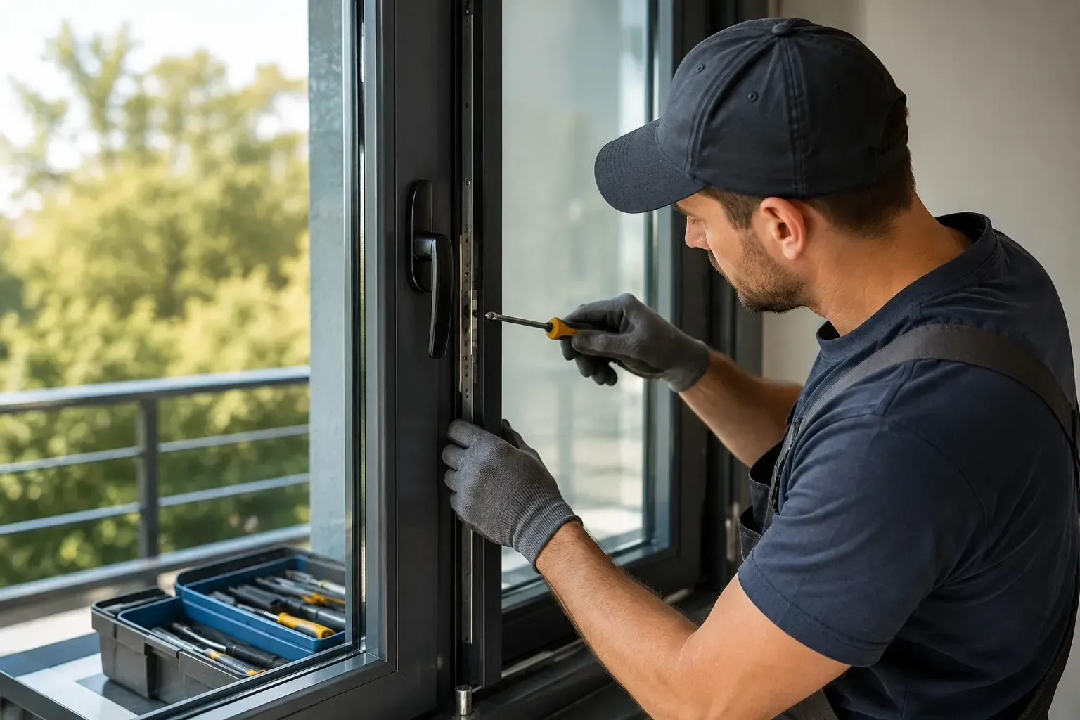 Un técnico utiliza un destornillador para reparar el marco de una ventana junto a una caja de herramientas abierta.