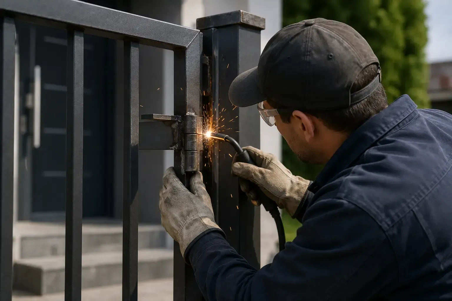 Un obrero está soldando una puerta de metal negro, con chispas saltando junto a una valla.