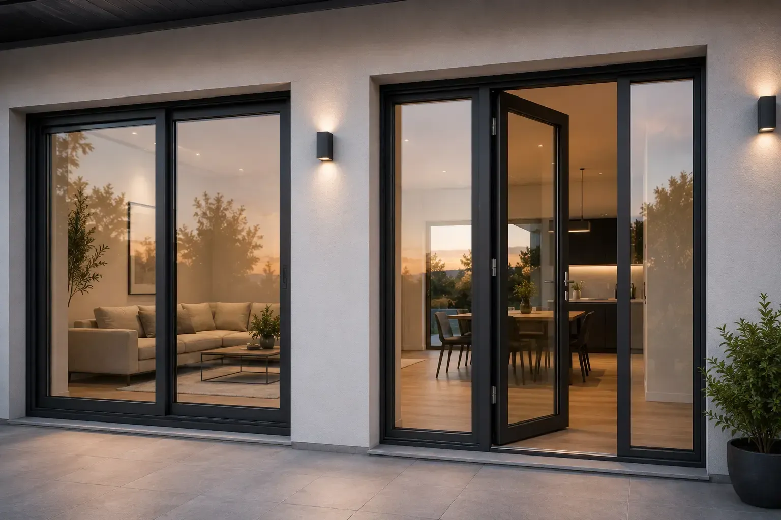 Patio moderno con grandes puertas de cristal que dan a una sala de estar con iluminación cálida al atardecer.