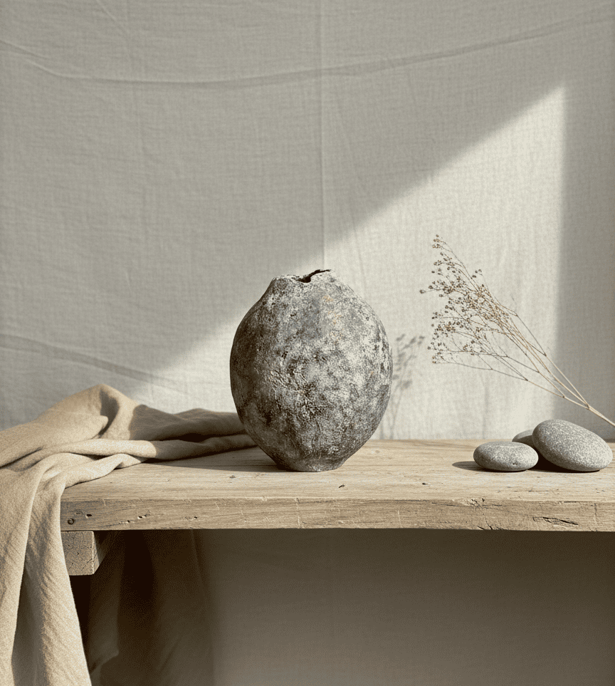 Un jarrón de cerámica gris, texturizado y de forma ovalada, reposa sobre una rústica repisa de madera junto a dos pequeñas piedras y un tallo de flor seca.