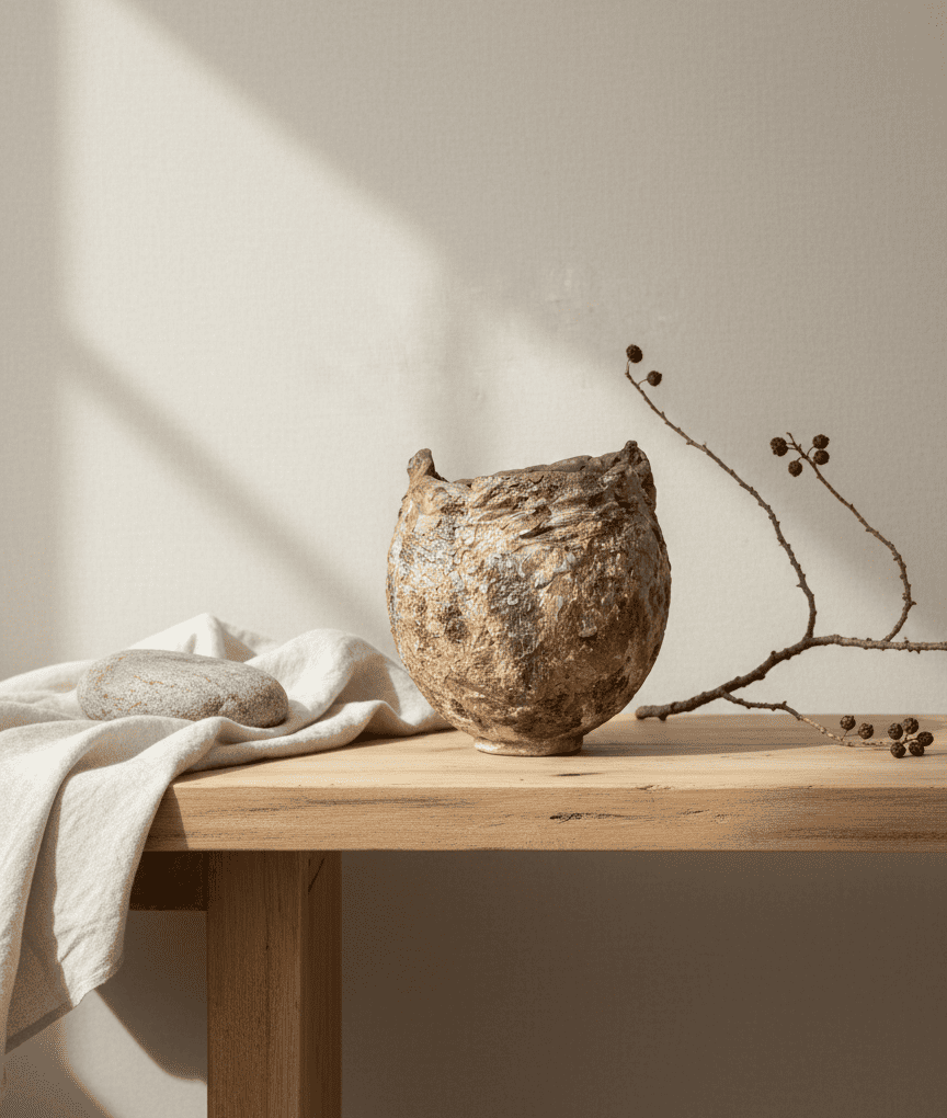 Sobre una mesa de madera, un recipiente de cerámica rústico y texturizado reposa junto a un paño doblado, una piedra lisa y una ramita con bayas.