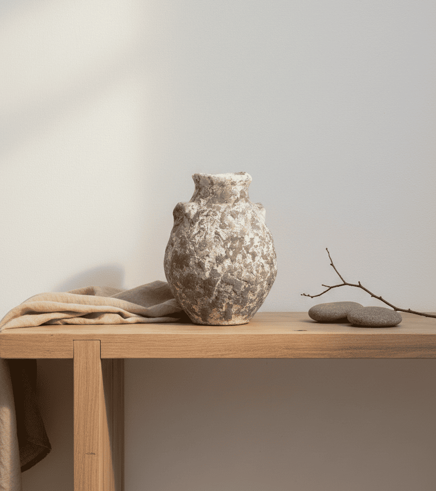 Un jarrón rústico de piedra texturizada reposa sobre una mesa de madera clara, junto a un paño beige doblado y una pequeña ramita con dos piedras.