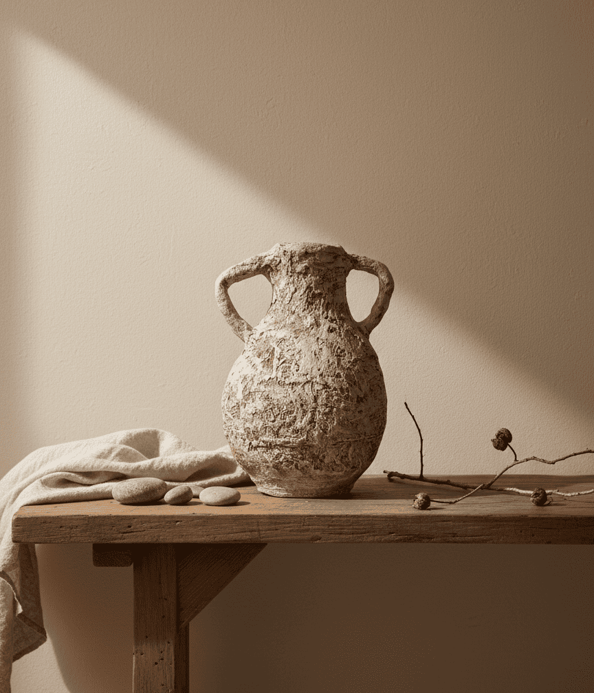 Un jarrón de cerámica texturizada de color claro con dos asas reposa sobre una mesa de madera con piedras y una rama seca.