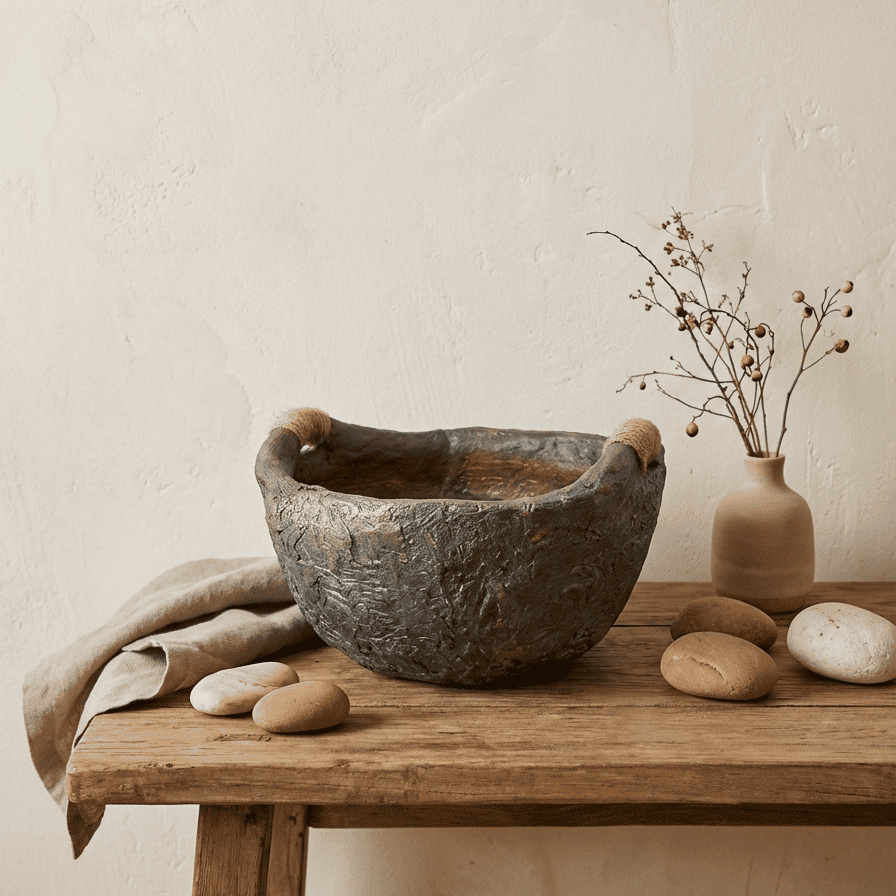 Un cuenco rústico de piedra oscura con asas en forma de bucle reposa sobre una mesa de madera con piedras, un mantel beige y un pequeño jarrón.