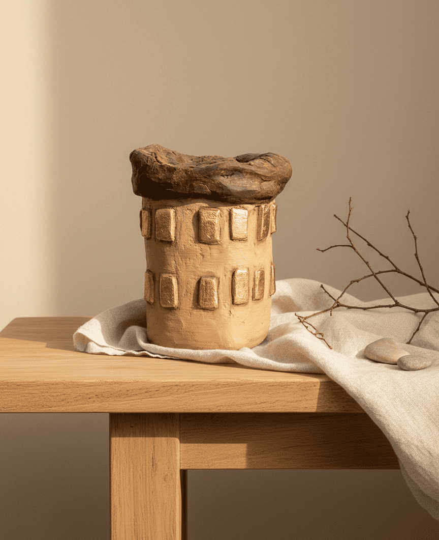 Un jarrón de cerámica beige texturizada, con detalles rectangulares y un borde oscuro, reposa sobre un mantel blanco en una mesa de madera.