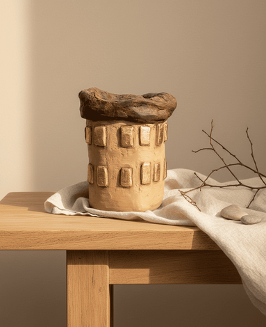 Un jarrón de cerámica beige texturizada, con detalles rectangulares y un borde oscuro, reposa sobre un mantel blanco en una mesa de madera.