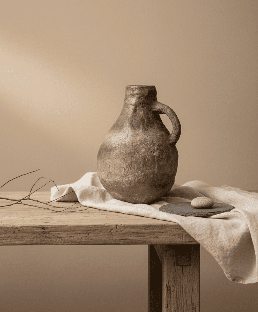 Una jarra rústica de arcilla oscura y texturizada reposa sobre una mesa de madera cubierta con un paño beige claro y una pequeña piedra.