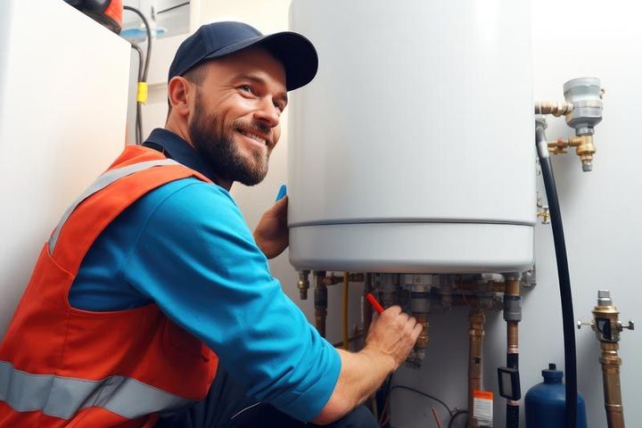 Un technicien en gilet orange et casquette bleue effectue l'entretien d'un chauffe-eau dans une buanderie.