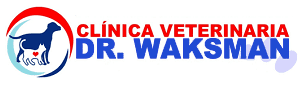 Logotipo de la Clínica Veterinaria Dr. Waksman con siluetas de perros y gatos en azul. Texto en rojo y azul.