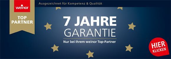 Ein blauer Hintergrund mit goldenen Sternen und den Worten 7 Jahre Garantie