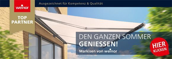 Ein Bild von einem Haus mit einer Markise und den Worten den ganzen Sommer genießen