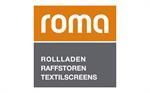 The logo for roma rollladen raffstoren textilscreens is orange and gray.
