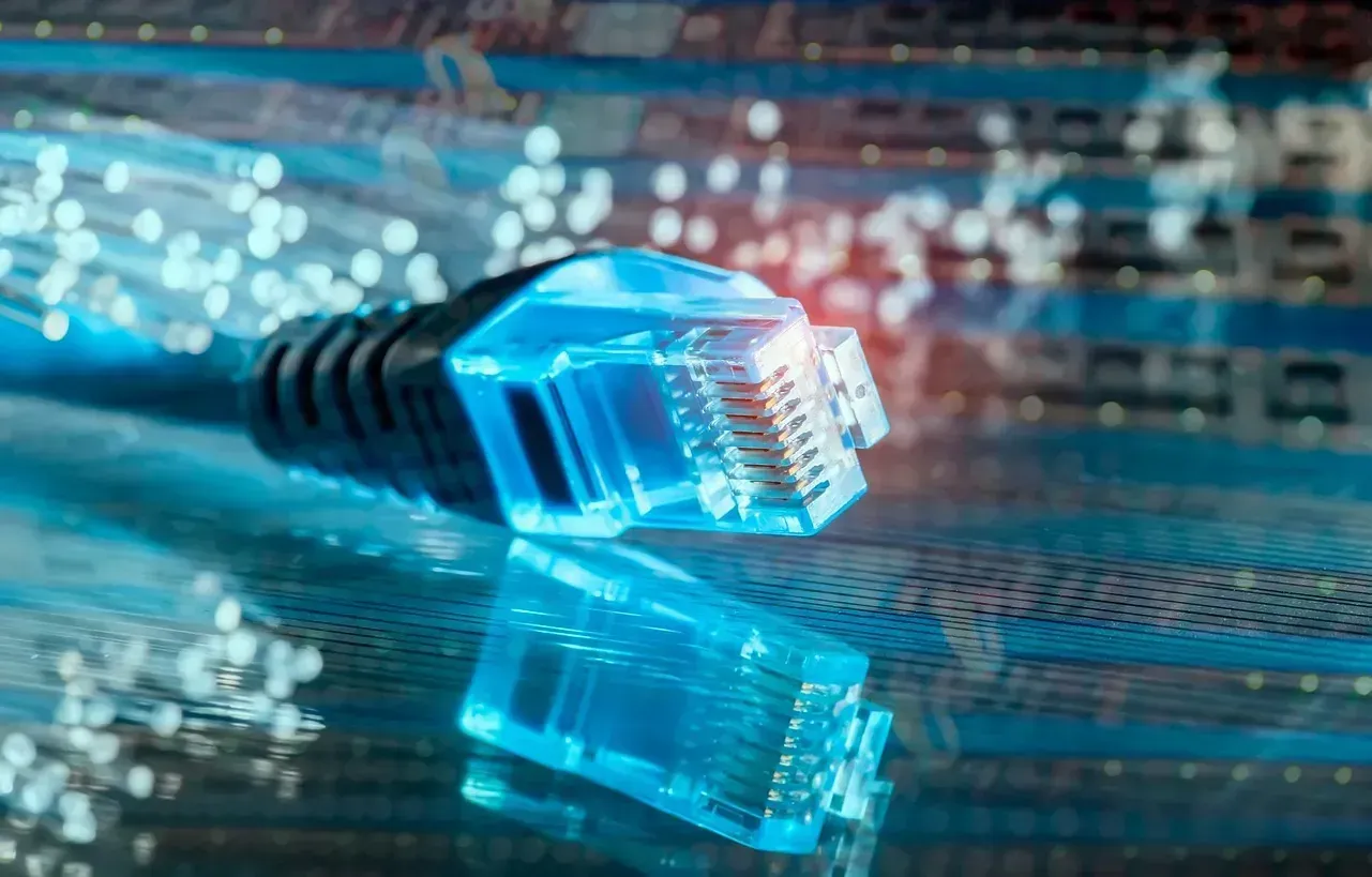 Un primer plano de un cable Ethernet azul sobre una mesa.