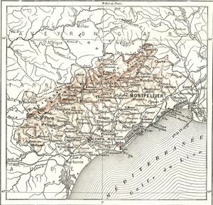 Carte de Montpellier, France, avec ses villes, ses rivières et son littoral. Tons bruns et texte noir.