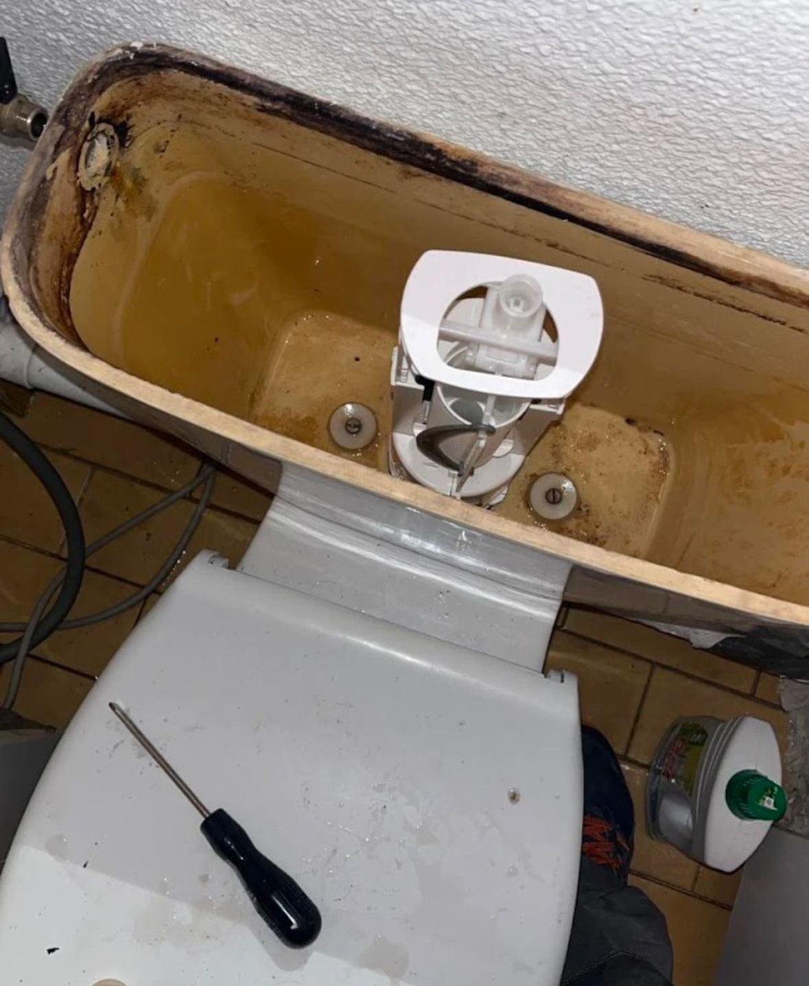 Réservoir des toilettes ouvert, laissant apparaître le mécanisme de chasse d'eau. Abattant relevé, tournevis à proximité.