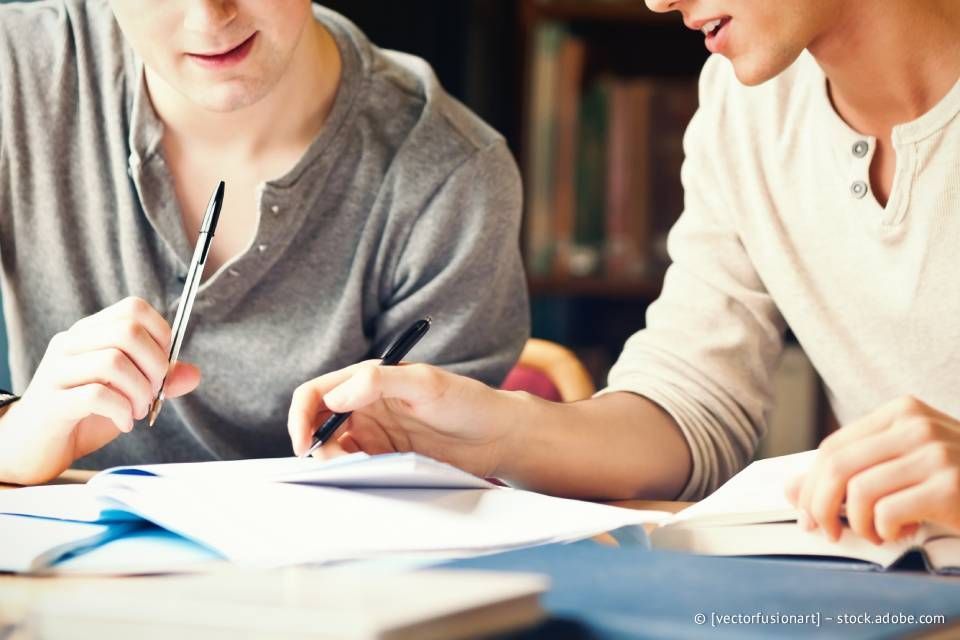 Zwei Personen sitzen an einem Schreibtisch und studieren Papiere, eine zeigt mit dem Finger, beide schauen auf die Papiere, im Hintergrund ist ein Bücherregal zu sehen.