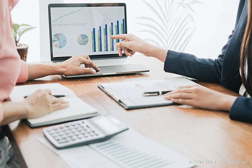 Zwei Personen prüfen Finanzdaten auf einem Laptop und zeigen dabei auf ein Balkendiagramm. Auf dem Schreibtisch liegen Dokumente, ein Taschenrechner und ein Notizbuch.