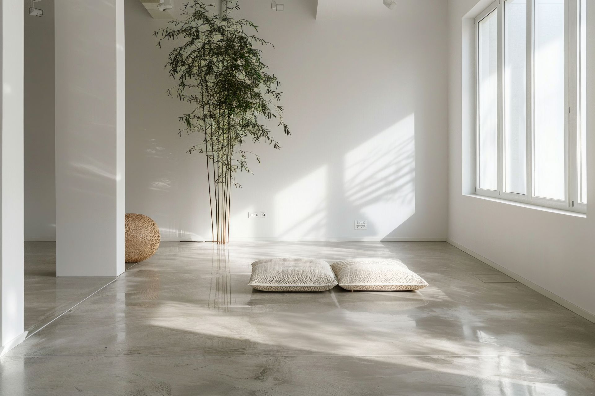 Salon minimaliste avec une pose de béton ciré beige