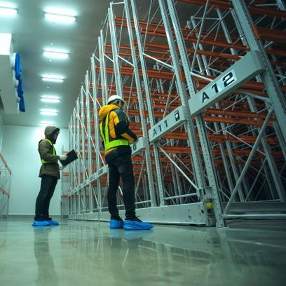 Dos hombres están parados en un almacén con estantes etiquetados como A12 y A11.