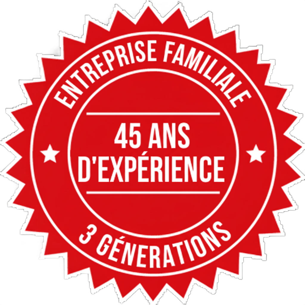 Macaron rouge avec la mention suivante : Entreprise familiale, 45 ans d’expérience, 3 générations.