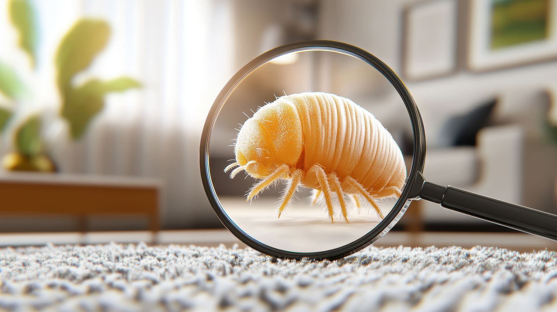 Une loupe qui montre une puce sur un tapis.