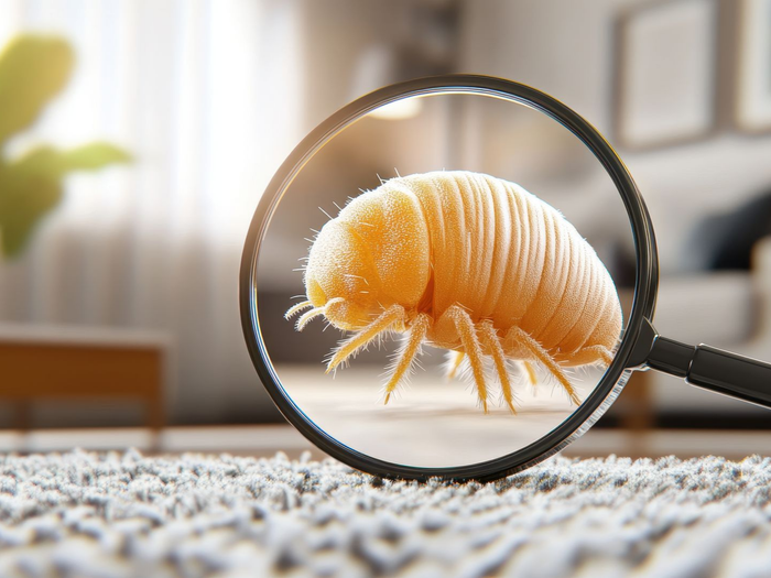 Une loupe qui montre une puce sur un tapis.