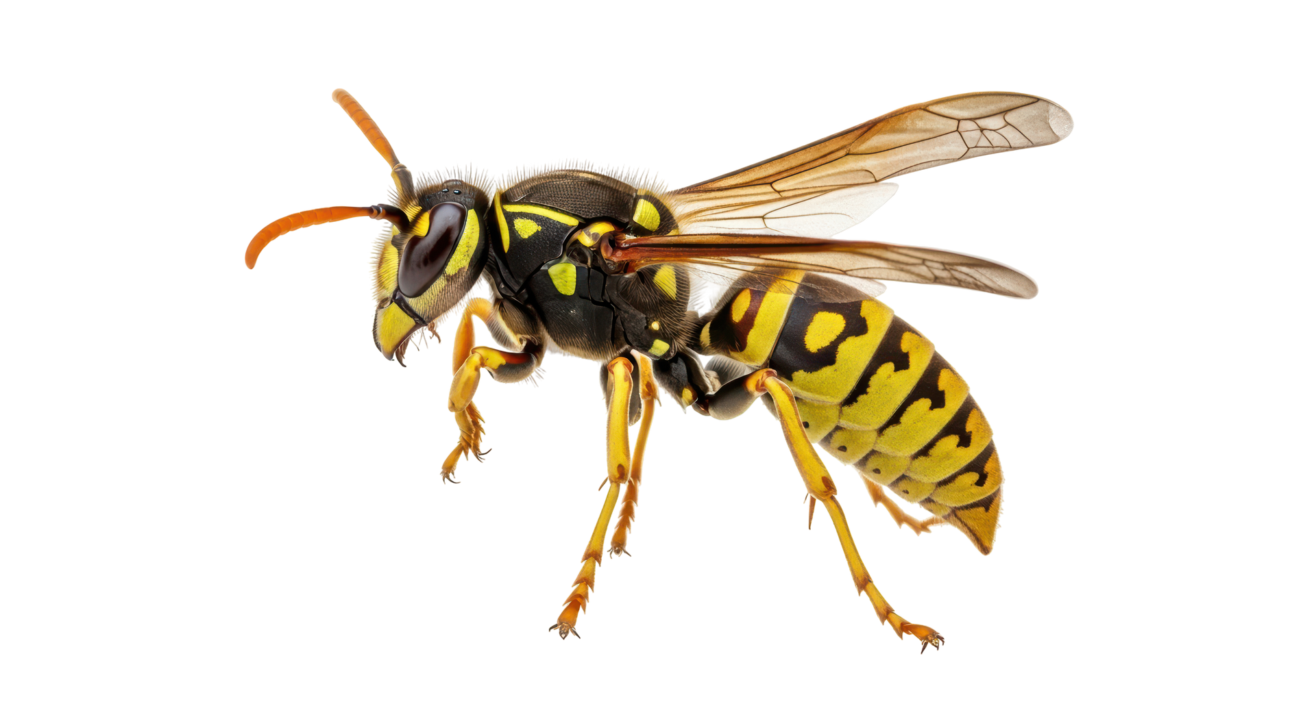 Une guêpe jaune et noire aux ailes transparentes.